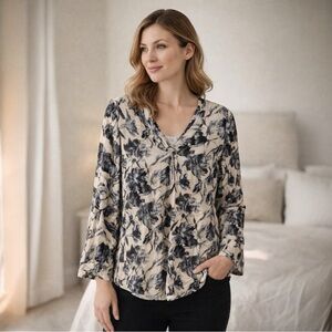 Lafayette 148 New York Silk Floral Blouse Black Cream V-Neck Women’s Size L